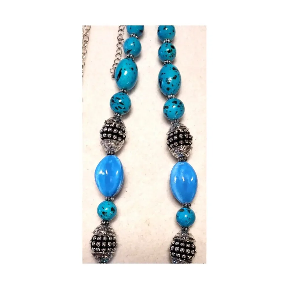Vtg Turquoise Blue Jewelry Lot 2 Necklaces 1 Bracelet Ceramic Glass Moonstone